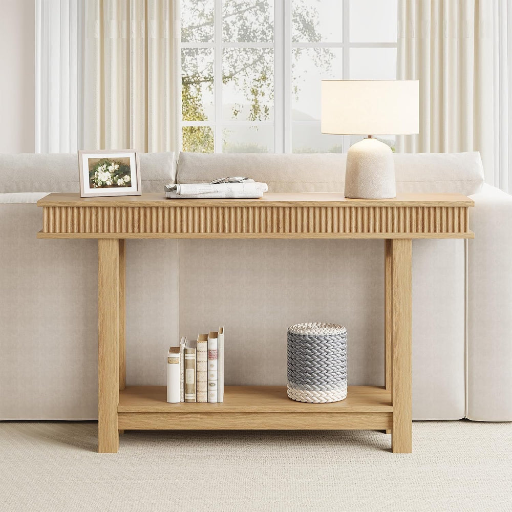 Garvee Farmhouse Fluted Console Table, 2 Tier Wooden Entryway Table with Shel...