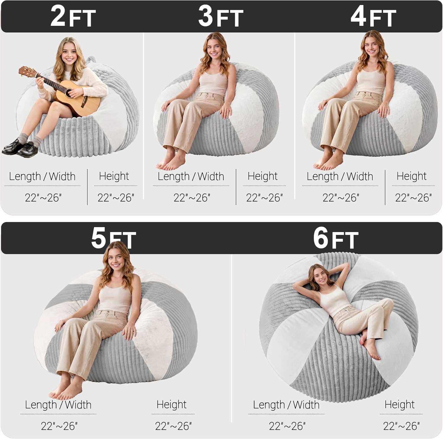 HABUTWAY 2FT Bean Bag Chairs Teardrop Beanbag Chair with Memory Foam Filled Soft Plush Leaf alongside Stripe Faux Fur Washable Cover for Dorm, Bedroom(Plush LGY/WH)