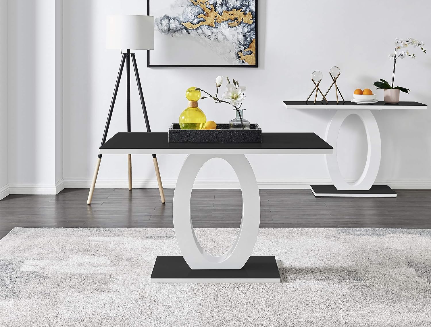 Furniturebox UK Giovani Black & White High Gloss Glass Dining Table with 4 Willow Chairs (Black & White High Gloss Glass Dining Table Set with 4 Elephant Grey Willow Chairs)