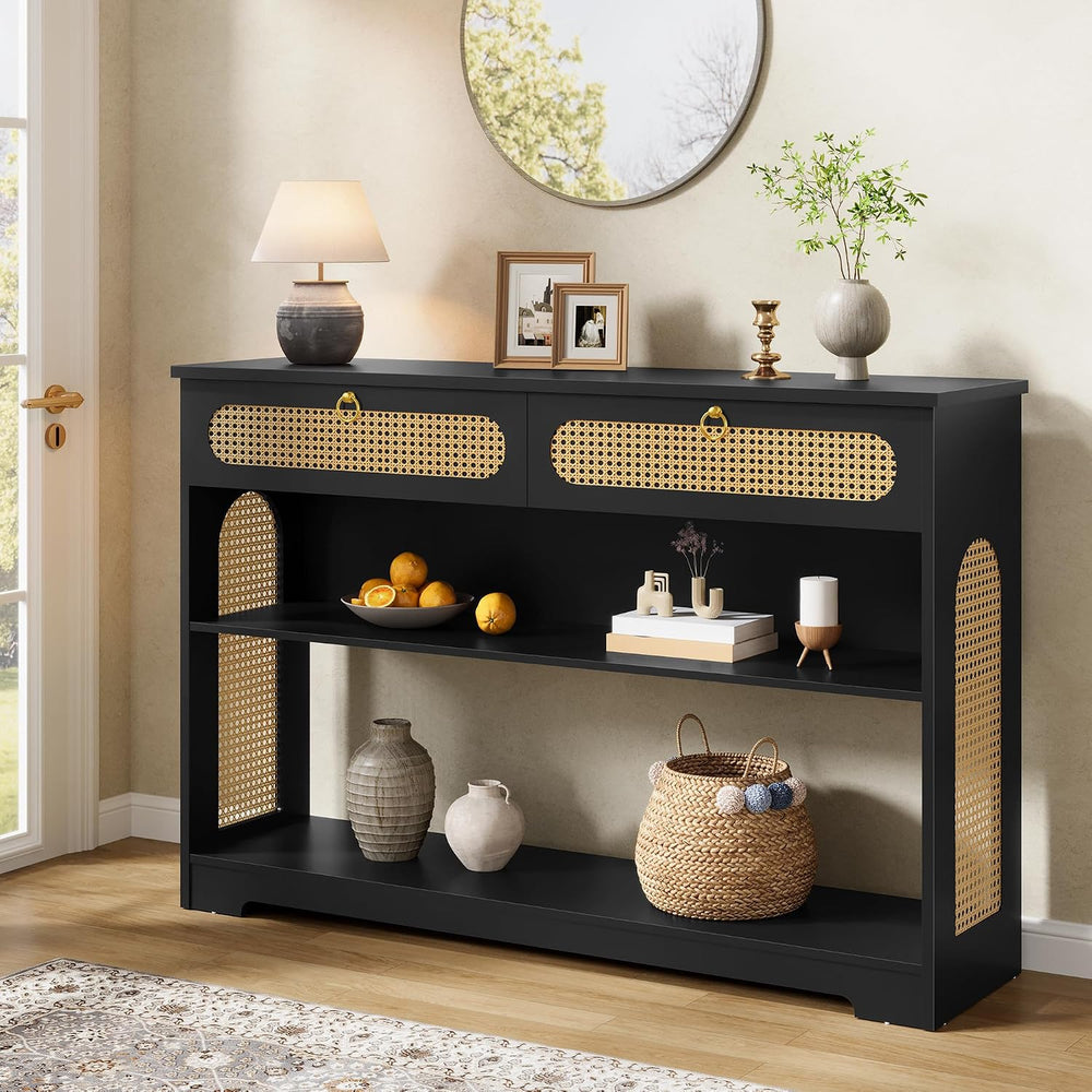 Hoctieon Rattan Console Table with 2 Drawers, 3-Tier Boho Woven Entryway Tabl...