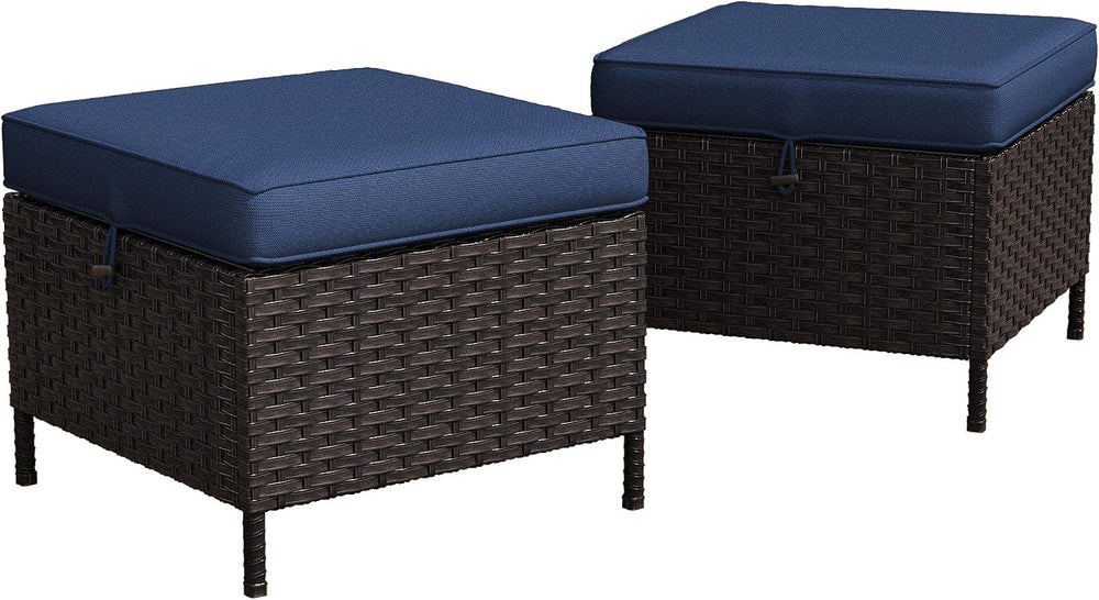 Outdoor Patio Ottoman Set of 2, All Weather Rattan Wicker Ottoman Seat, Outdo...