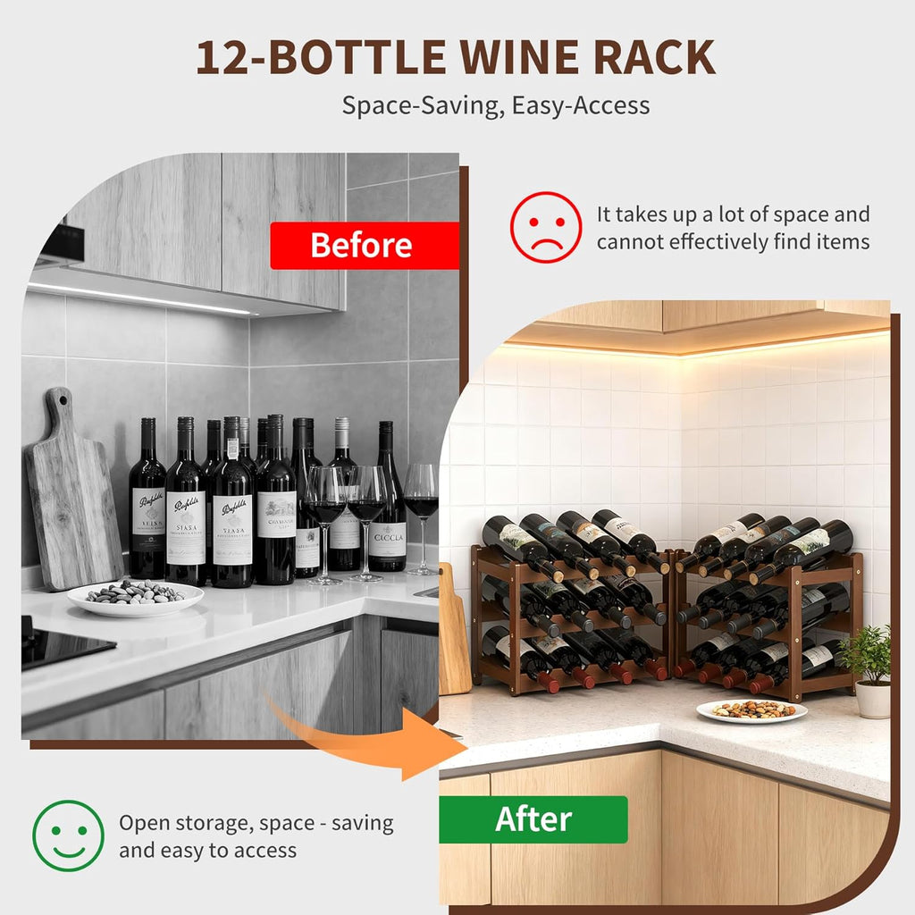 Wine Rack Bamboo Wine Racks Countertop,Sturdy Wine Rack for Inside Cabinet & Freestanding Floor,2 Set of 3-Tier 12 Bottles Racks for Kitchen,Cabinets,Home Bar,Wine Storage Racks(3-Tiers)
