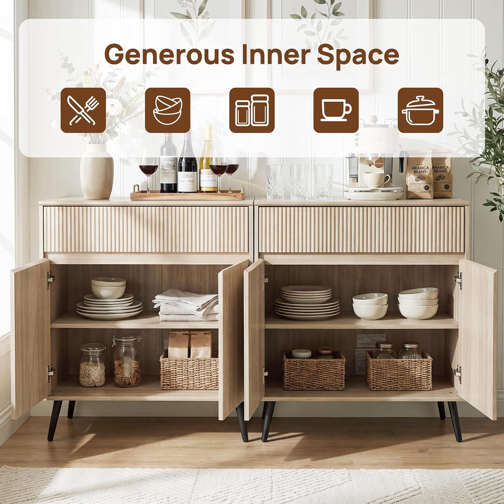 31" Small Fluted Sideboard Buffet Cabinet, Light Oak.