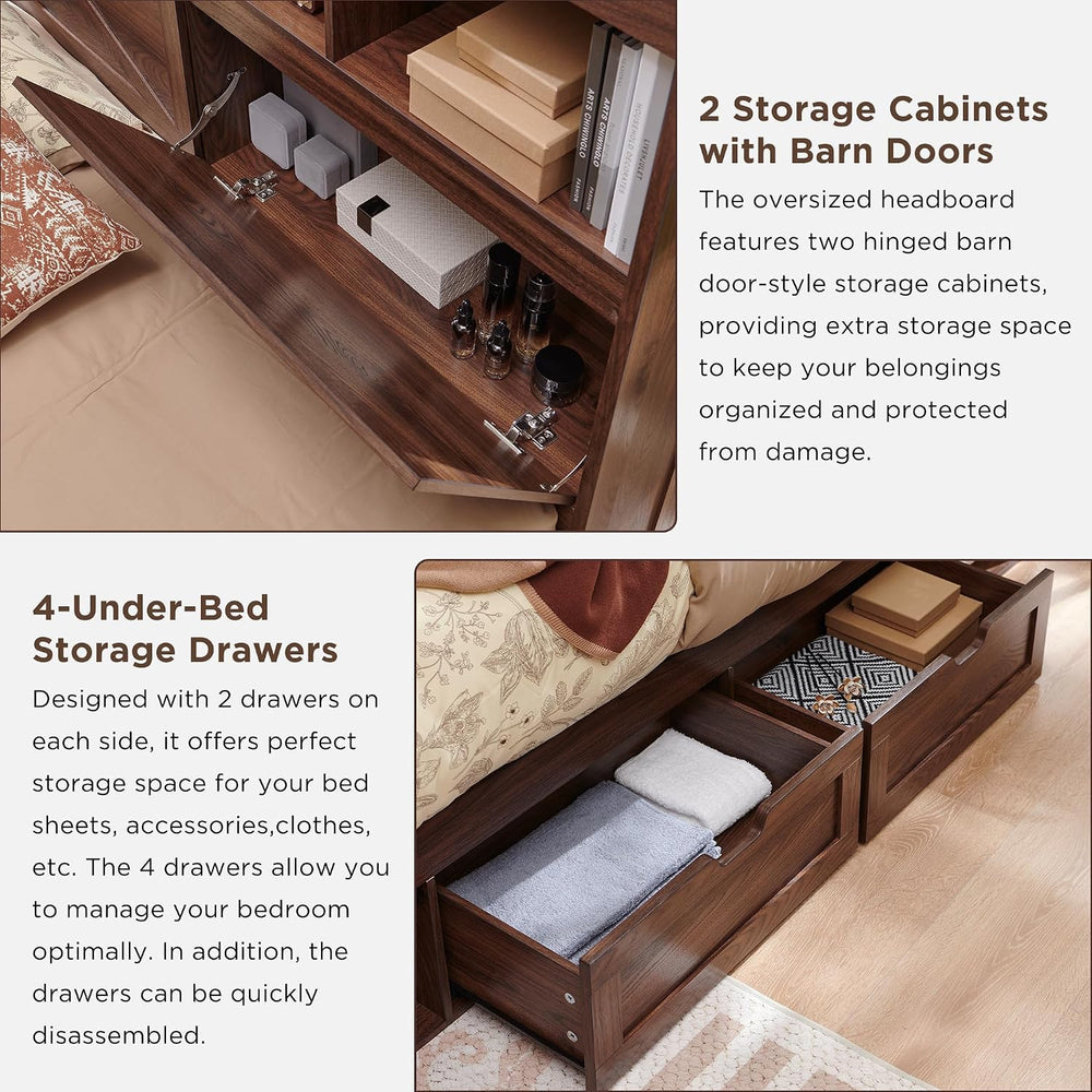 ACCOHOHO Farmhouse Full Size Bed Frame with 52" Tall Storage Headboard a...