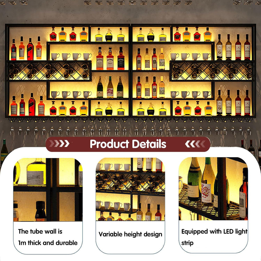 118IN Large Wall Mounted Wine Rack with LED Light, Metal Floating Liquor Bott...