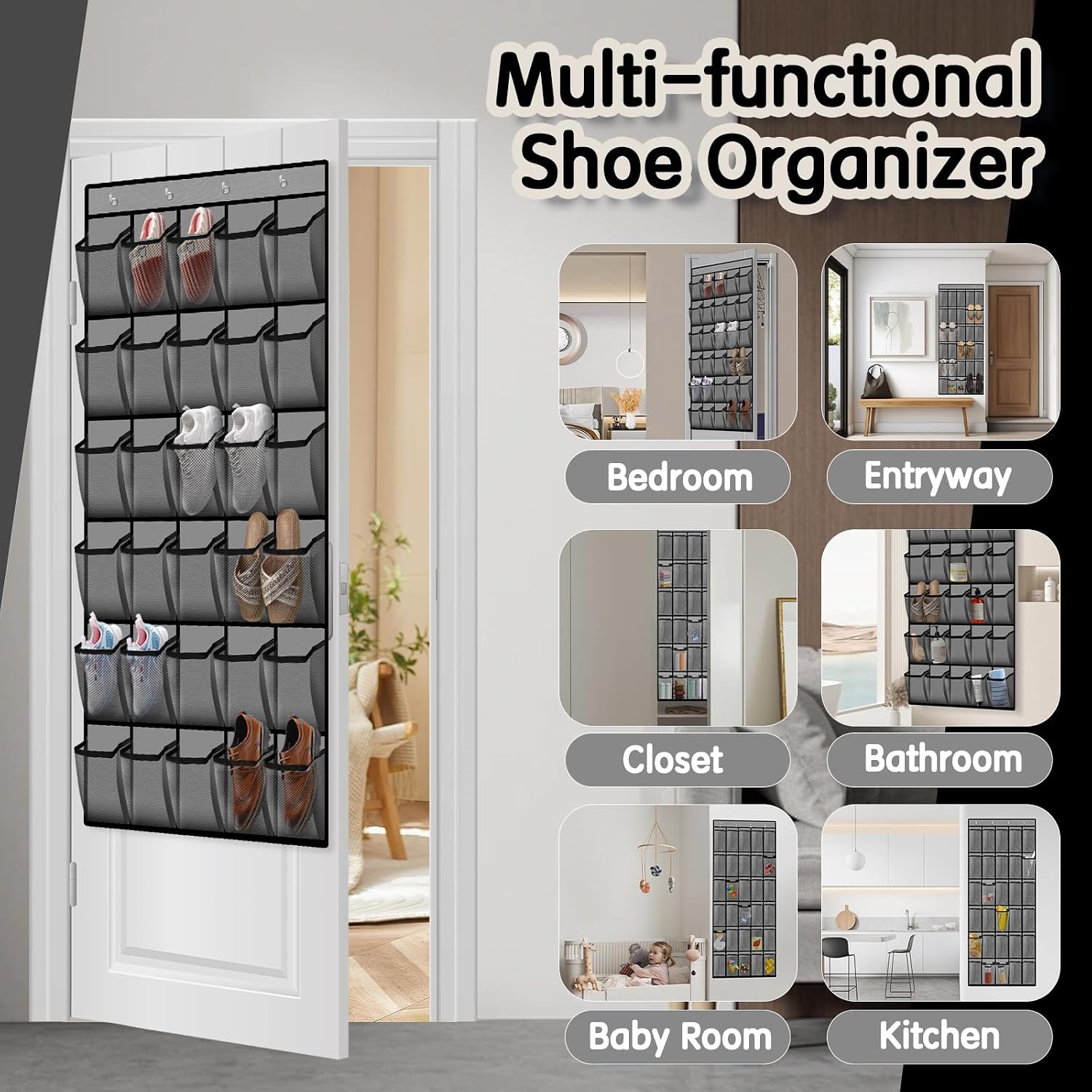 Kotkn Over the Door Shoe Organizer with 30 Breathable Mesh Pockets - Large Capacity Closet Storage for Men & Women, Hanging Shoe Rack Organizer (Gray)