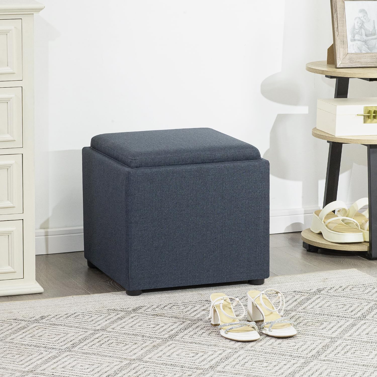 Adeco 17" H Navy Blue Storage Ottoman Cube with Tray Lid, Small Polyester Fabric Footstool with Storage, Square End Table for Living Room & Bedroom