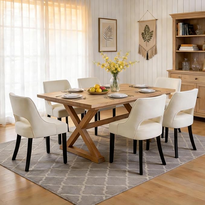ClinQ Wooden Dining Chairs Set of 6, Modern Fabric Upholstered Kitchen Chairs Dining Chair, Mid Century Modern Chair for Dining Room, Farmhouse Kitchen Chairs for Kitchen Dining Room, Beige-Black Legs