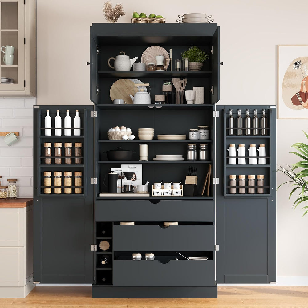 77'' Tall Freestanding Kitchen Pantry, Modern Cupboard Storage with A...