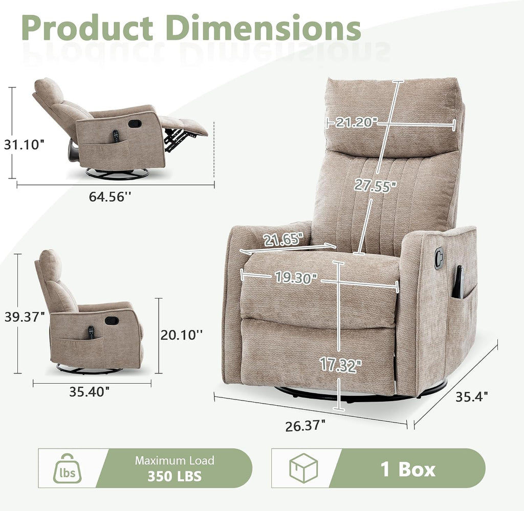cinkehome Swivel Rocker Recliner, Glider Rocker Recliner Chair for Nursery, Manual Reclining Chair with Heated Massage, Small Spaces, Living Room, Khaki Chenille