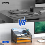 Samstar Desk File Organizer, Mesh Letter File Folder Holder with 3 Paper Trays and 2 Vertical Upright Section, for Office Supplies,Desk Accessories & Workspace,Black.