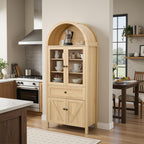 71.65"Tall Arched Kitchen Pantry Cabinet with Large Drawer, Farmhouse Kitchen Cabinet with Adjustable Shelves and Glass Doors, Wood Versatile Cupboard for Kitchens, Dining Room, or Study Room, Natural