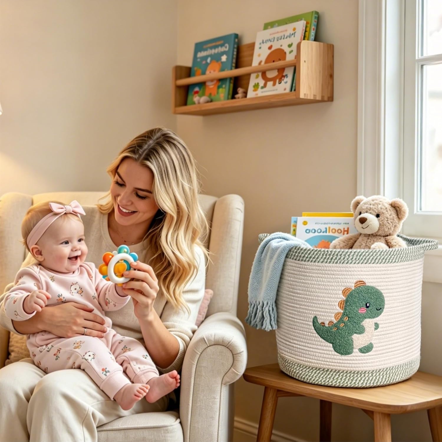 Cute Nursery Bin, Baby Toy Organizer (13.8"x13.8"), Storage Basket for Organizing, Woven Rope Basket for Shelves, Cute Baskets with Handle for Nursery, Playroom (Dinosaur, Large)