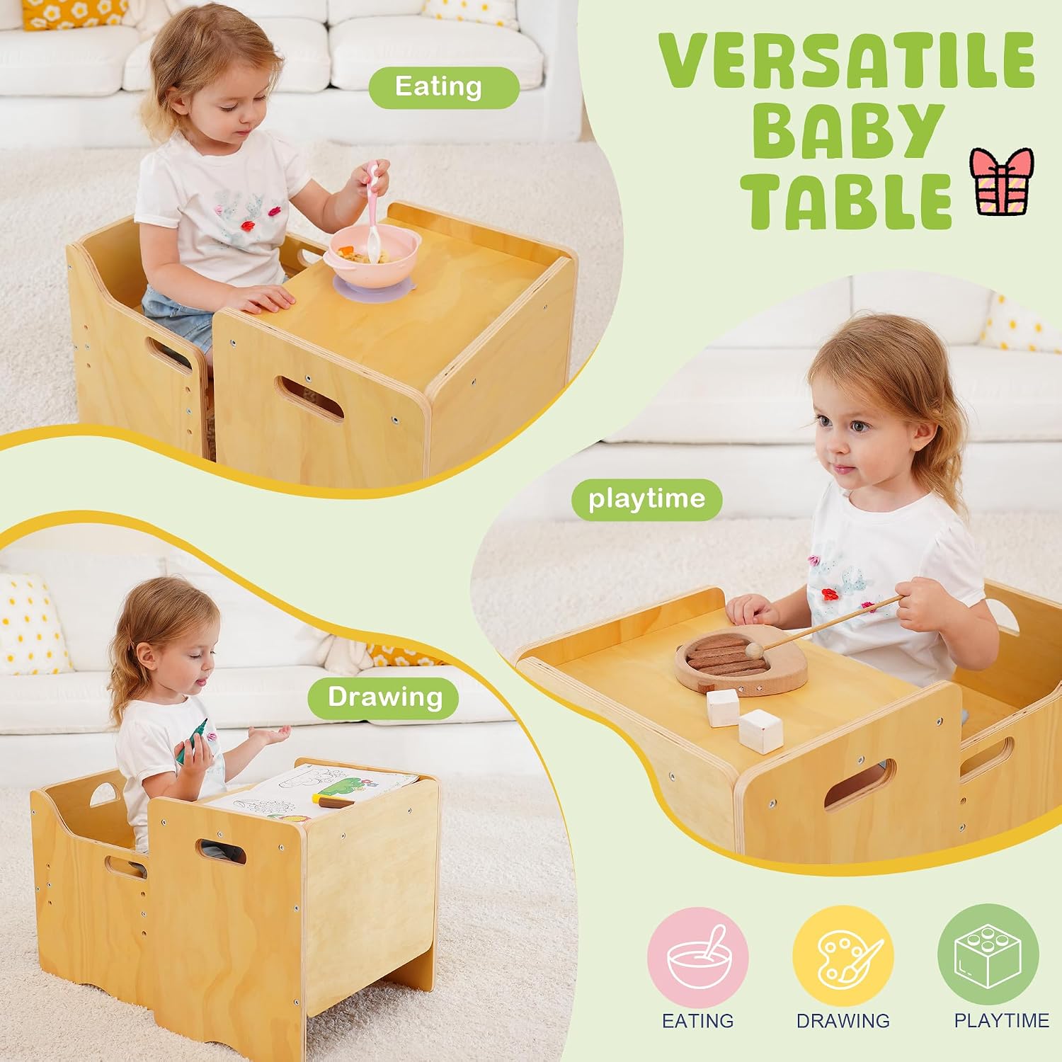 MallBest Montessori Weaning Table and Chair Set-Adjustable seat Height Wooden Toddler Table，Kids Activity Step Stools，Kids Funiture for Eating Drawing Reading