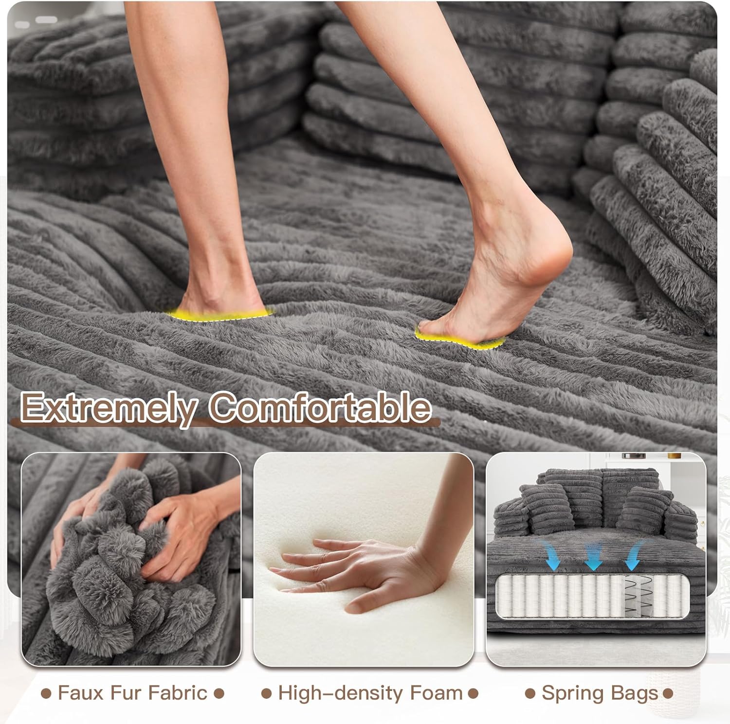 JEEOHEY 56" Oversized Chaise Lounge Chair Indoor,Plush Faux Fur Sleeper Sofa Couch Bed with Pillows&Wide Armrests,Fluffy Comfy Cloud Couch,Compression Foam Couch for Living Room,Bedroom(Grey)