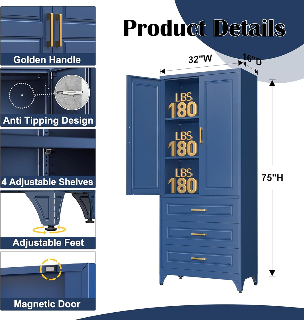 SteeLoong 75" Kitchen Pantry Cabinet with 3 Drawer,Metal Storage Cabinets with Doors and 2 Adjustable Shelves,Blue Kitchen Cabinet with 2 Gold Handles,Food Cupboard for Livingroom,Pantry, Bathroom