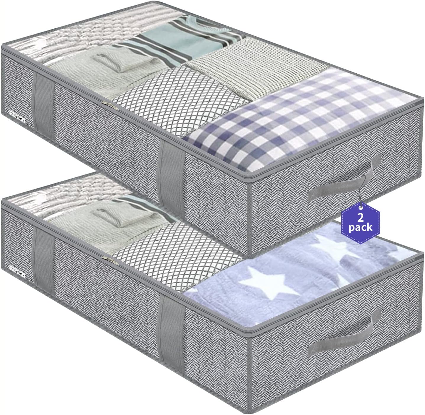 Onlyeasy Large Underbed Storage Bags Organizer Container (2 Pack) with 4 Handles and 2 Sturdy Zippers, Blankets Clothes Comforters Foldable Storage Bags with Clear Window, Herringbone Grey, MXRUBBP2