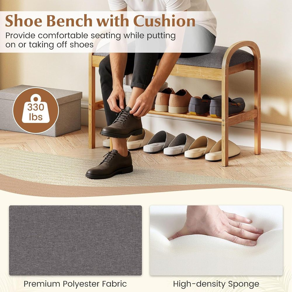 Giantex Shoe Bench with Flip-Top Storage, Bamboo 2-Tier Entryway Bench with P...