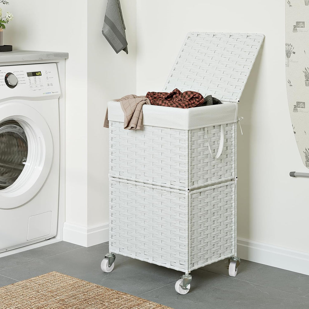 Chrislley 90L Slim Laundry Hamper with Wheels, Rolling Laundry Basket with Lid and Renovable Liner Bag, Handwoven Rattan Organizer for bedroom, bathroom, laundry room (White)