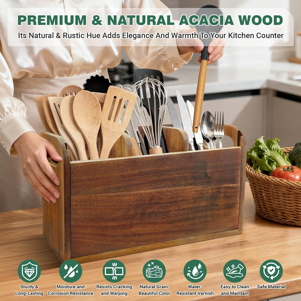 Acacia Wood Utensil Holder Kitchen Utensil Holder with 3 Compartments Cooking Spatula Organizer Large Cutlery Organizer for Kitchen Countertop Farmhouse Kitchen Decor