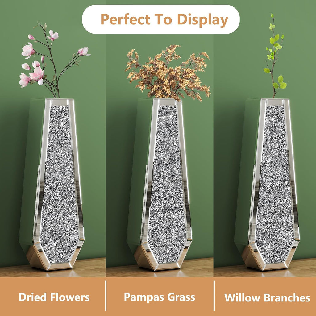 SHYFOY 30" Floor Vase Crushed Diamond Mirrored Vase Silver Tall Vases for Floor, Large Crystal Glass Decorative Floor Vases for Living Room Office Corner Hallway Home Decor