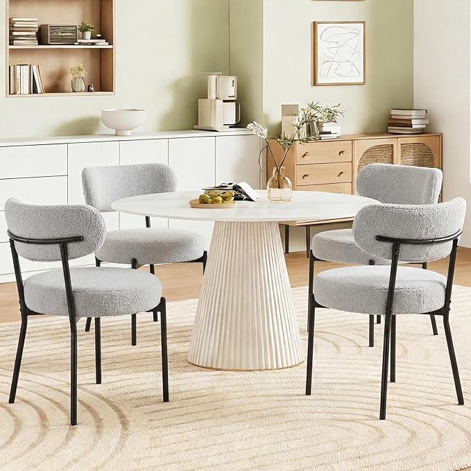 DUMOS Dining Chairs Set of 4, Mid Century Modern Chair Round Upholstered Curved Backrest, Kitchen Vanity Living Room Chairs with Black Metal Legs，Classic Grey