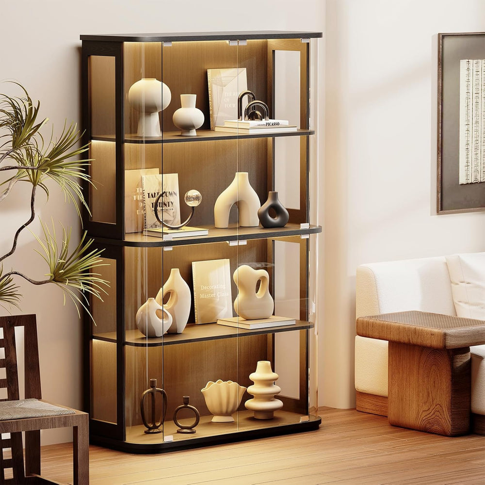 BROTTAR Large Rounded Display Cabinet with Glass Door & Lights, Black