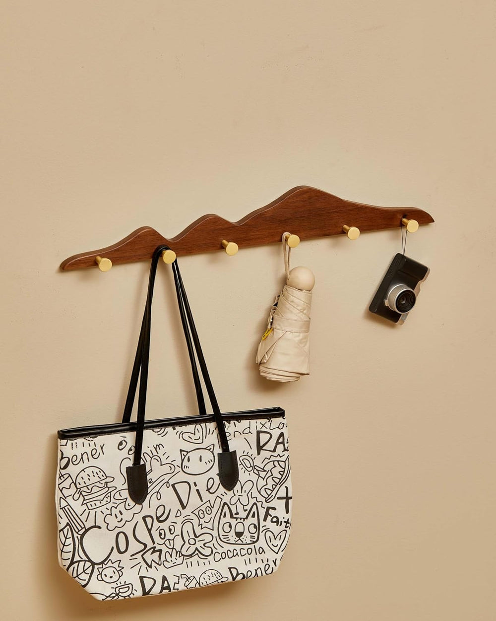 Wood Coat Hooks Wall Mount - Wooden Coat Rack with 6 Gold Brass Hooks for Ent...