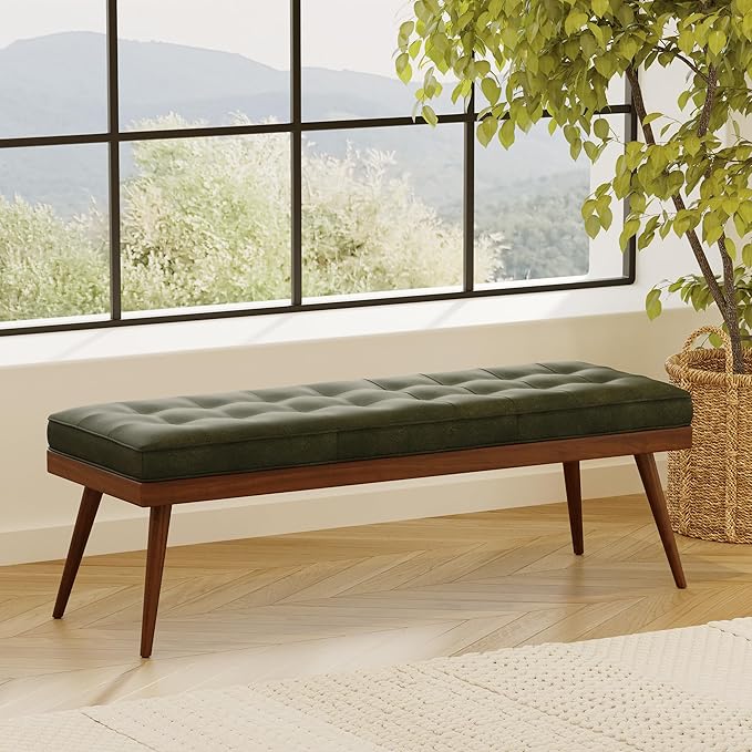 POLY & BARK 55" Tufted Leather Bed Bench for Bedroom End of Bed - Living Room Entry Way Bench - Pure Italian Leather Upholstery with a Solid Wood Frame - Ottoman Bench with Wooden Legs - Olivine Green