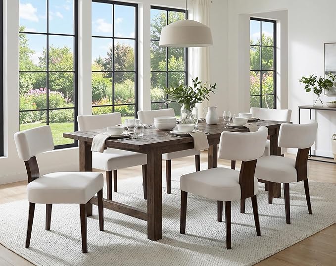 Upholstered Dining Chairs Set of 6, Modern Wooden Kitchen Chairs Fabric Side Dining Room Chair Farmhouse Dinner Chair for Kitchen Dining Room, Cream