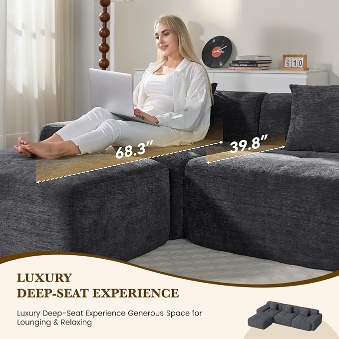 122" L Shaped Convertible Modular Couch, Cloud Couch Sectional with Ottoman, 4-Seater Chenille Boneless Couches for Living Room, Apartment, No Assembly, Grey Black 1PCS
