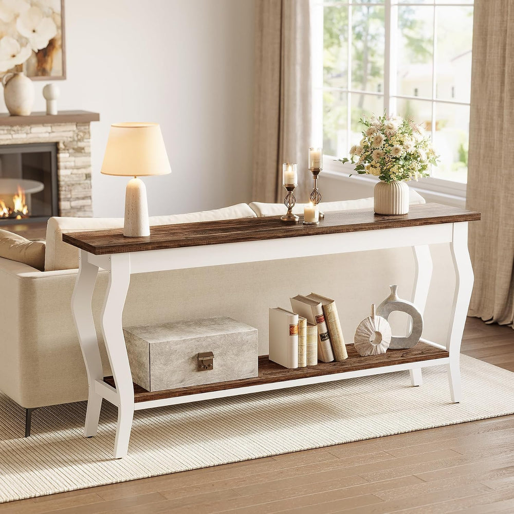 LITTLE TREE 70.9 Inches Long Console Table, 2-Tier Vintage Wooden Sofa Table ...