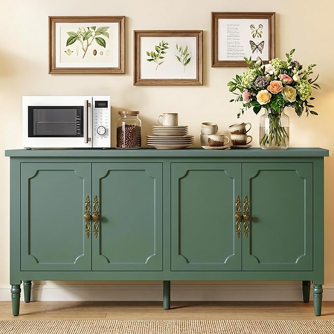 RoyalCraft 59" Buffet Cabinet with Storage, Vintage Sideboard with Adjustable Shelves & Carved Handle, Mid Century Modern Painted Credenza Coffee Bar for Kitchen, Dining Room, Forest Green