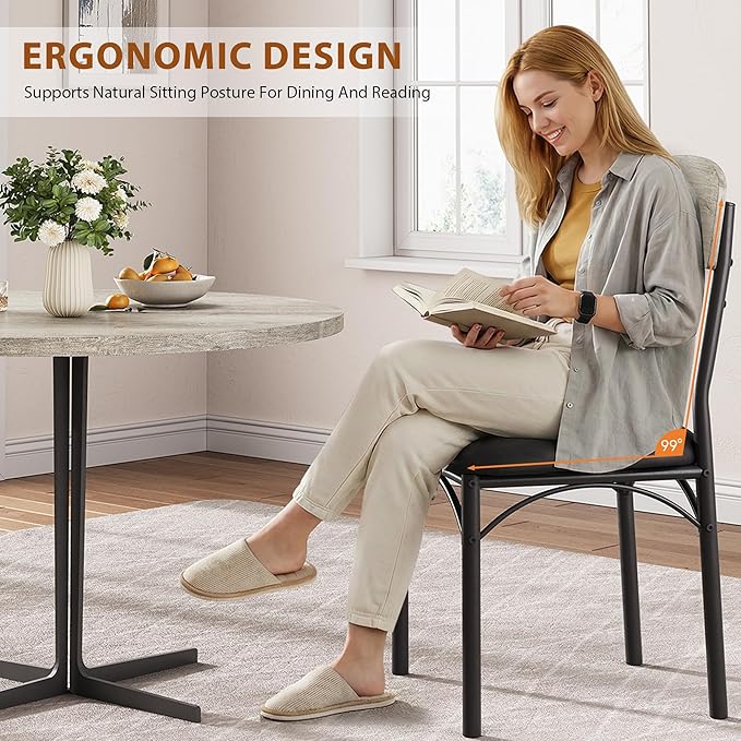 Dining Chairs Set of 4 - Upholstered Dining Room Chairs with PU Leather, Industrial Kitchen Chairs with Wooden Backrest and Thickened Metal Legs, for Dining Room, Living Room（Gray）