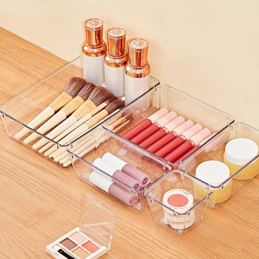 SMARTAKE 13-Piece Drawer Organizers with Non-Slip Silicone Pads, 5-Size | Clear Desk Bathroom Drawer Organizer Trays Storage Tray for Makeup, Jewelry, Utensils in Bedroom Dresser, Office and Kitchen