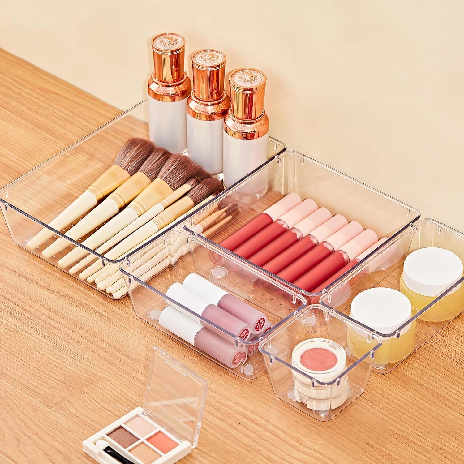 SMARTAKE 13-Piece Drawer Organizers with Non-Slip Silicone Pads, 5-Size | Clear Desk Bathroom Drawer Organizer Trays Storage Tray for Makeup, Jewelry, Utensils in Bedroom Dresser, Office and Kitchen