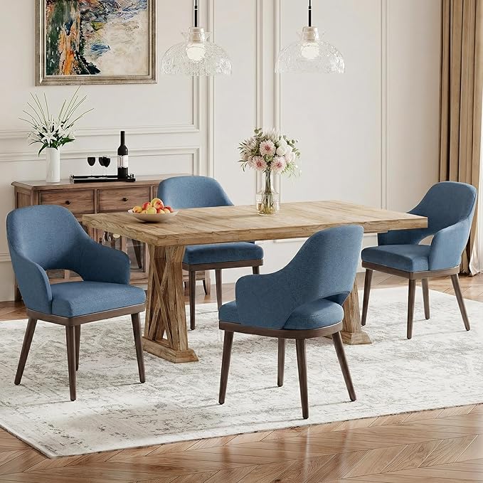 Wooden Dining Chairs Set of 4, Modern Fabric Upholstered Dining Room Chair, Kitchen Side Chairs, Farmhouse Dinner Chair with Open Back for Kitchen, Blue