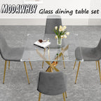 5-Piece Glass Dining Table Set, Modern Square Gold Dining Room Set with Tempered Glass Kitchen Table and 4 Gray Upholstered Chair for Apartment, Living Room