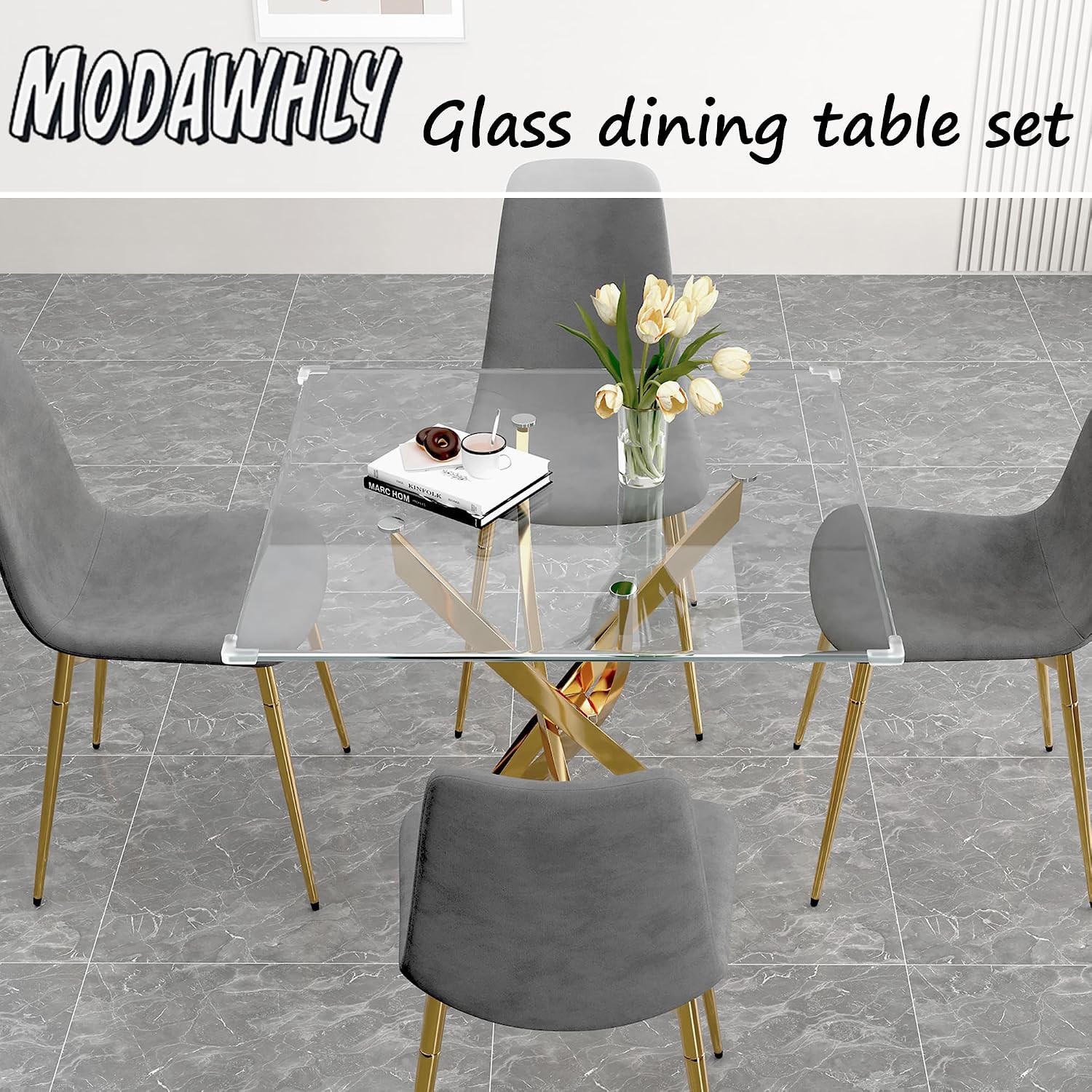 5-Piece Glass Dining Table Set, Modern Square Gold Dining Room Set with Tempered Glass Kitchen Table and 4 Gray Upholstered Chair for Apartment, Living Room