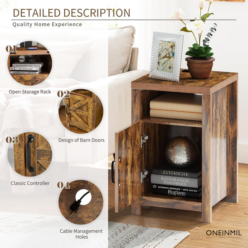 Farmhouse Nightstand with Charging Station, Couch Side Table Set of 2, Bedside Table with Storage Space, End Tables with Barn Door, Bed Side Tables for Living Room and Bedroom, Rustic Brown