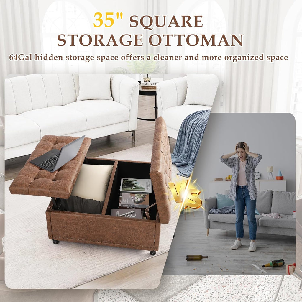 36" Large Square Ottoman with Storage, Tufted Upholstered Storage Ottoman with Lift Top & Solid Legs for Bedroom Room, Extra Large Coffee Tables Bench for Living Room as Footstool (Brown)