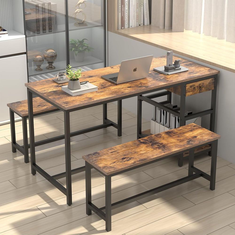 Dining Table Set for 4-6 People, 54.7" Kitchen Dinner Table with 2 Benches