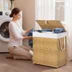 Woven Laundry Basket with Lid, Large Hamper with Removable and Machine-Washable Liner, Foldable Rattan Clothes Hamper, Sturdy Steel Frame, Odor Control, 110L Capacity, Goose Yellow