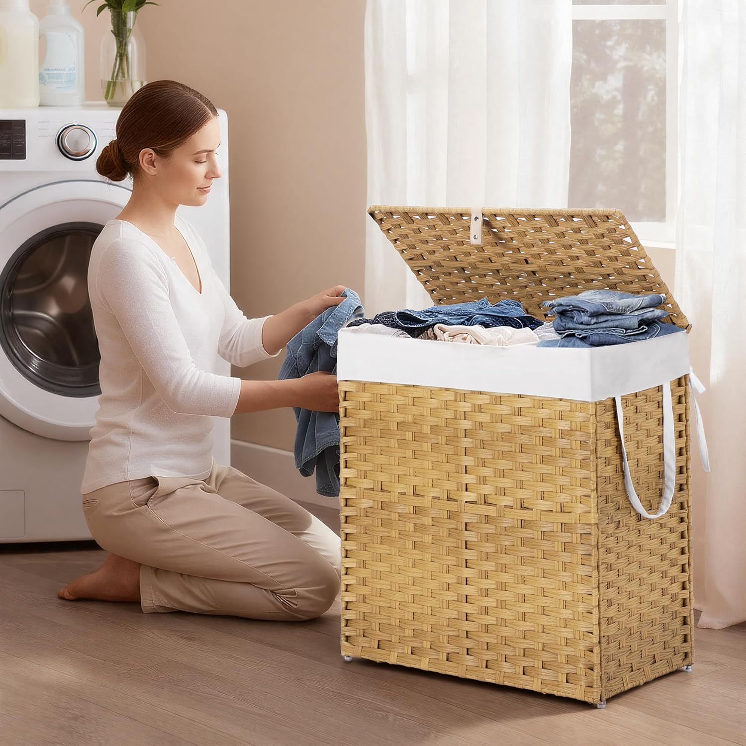Woven Laundry Basket with Lid, Large Hamper with Removable and Machine-Washable Liner, Foldable Rattan Clothes Hamper, Sturdy Steel Frame, Odor Control, 110L Capacity, Goose Yellow