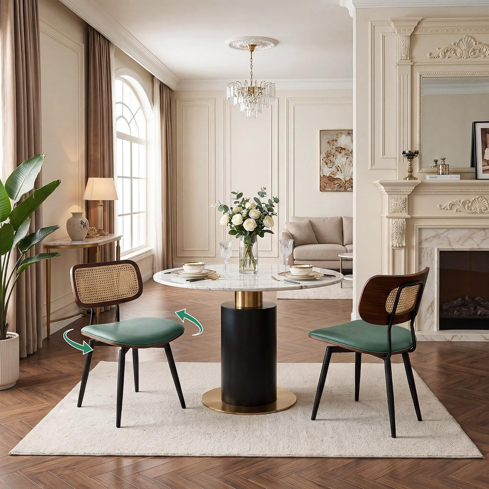 Swivel Dining Chairs with Rattan Back, Modern Green Leather Dining Chairs Set...