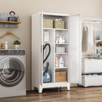 Metal Combination Cabinet, Tall Closet Storage Cabinet with 4 Shelves, Farmhouse Wardrobe Closet with Doors and Hanging Rod for Laundry Mudroom Office Bedroom