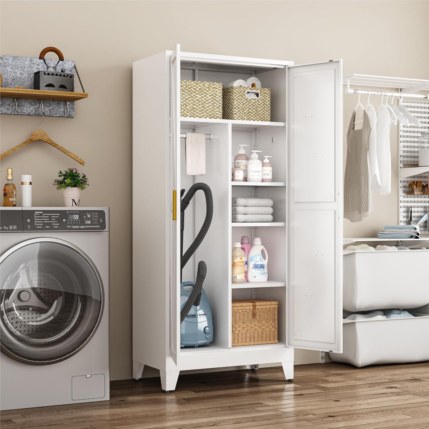 Metal Combination Cabinet, Tall Closet Storage Cabinet with 4 Shelves, Farmhouse Wardrobe Closet with Doors and Hanging Rod for Laundry Mudroom Office Bedroom