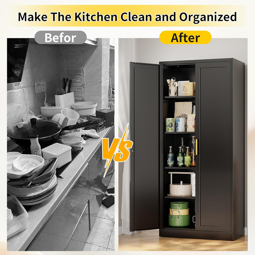 Metal Kitchen Pantry Cabinet, 71"H x 28"W x 14"D Cabinet with ...