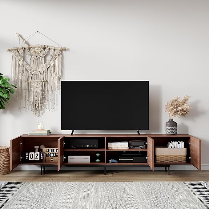 Mid Century Modern TV Stand – 86.6" Walnut Console for 65–85 Inch TVs, 4 Cabinet Doors with 6 Storage Compartments & Cable Management, Stylish Living Room Media Center(Walnut, 86.6")