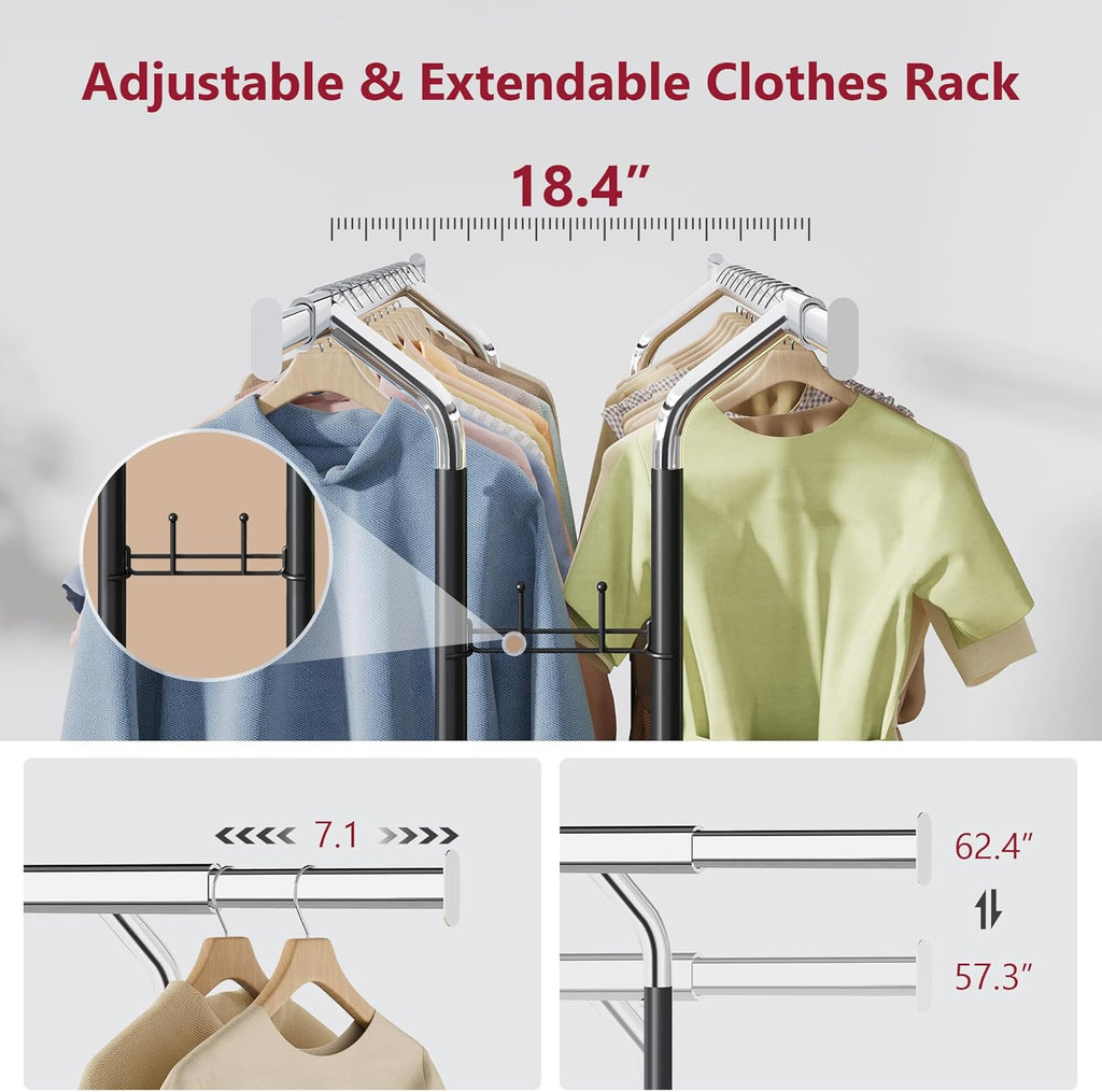 Tajsoon Double Rod Clothes Rack Load 480 LBS, Heavy Duty Rolling Garment Rack with Wheels, Collapsible Clothing Rack for Hanging Clothes, Commercial Adjustable Clothes Rack with Shelf, Black